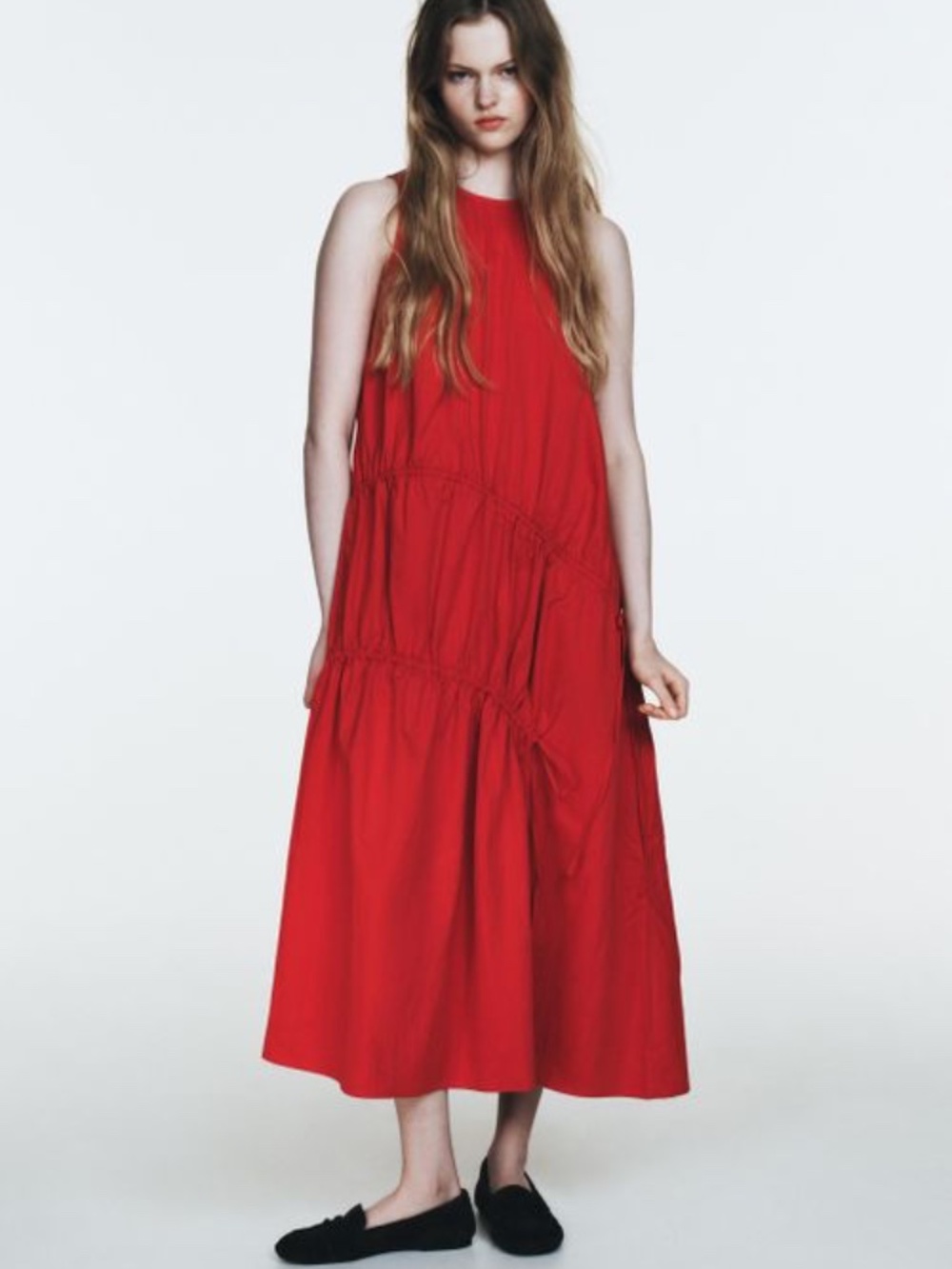 ZARA RED NYLON SLEEVELESS MIDI DRESS WITH TIES - SIZE XL - Picture 2 of 7